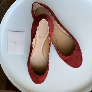New Chloe Lauren Scalloped Suede Flats in 39.5 in brick red color